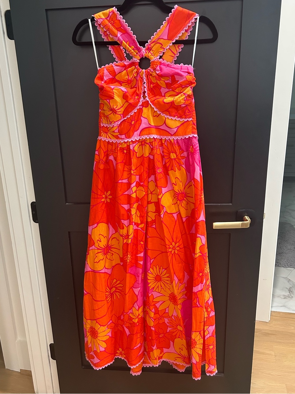 Vibrant Pink and Orange Floral Maxi Dress with Ring-Back Detail